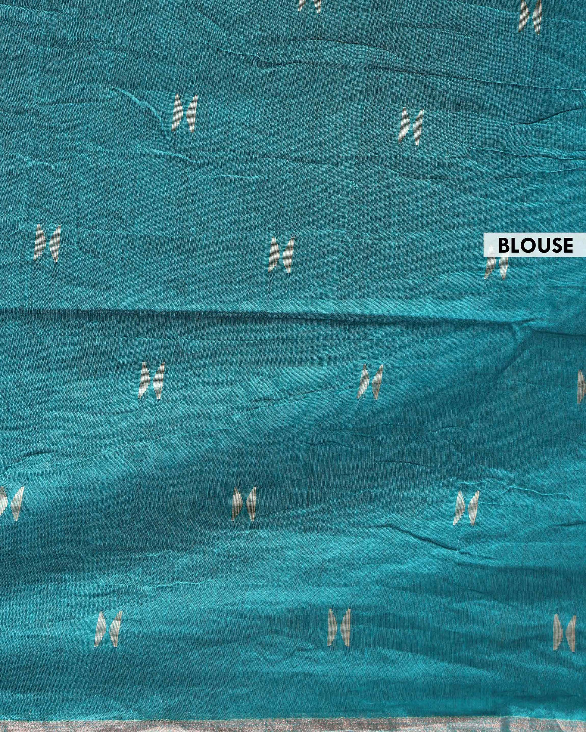 Traditional Semi Silk Cotton Saree Golden Zari Border and All-Over Thread Motifs - Teal