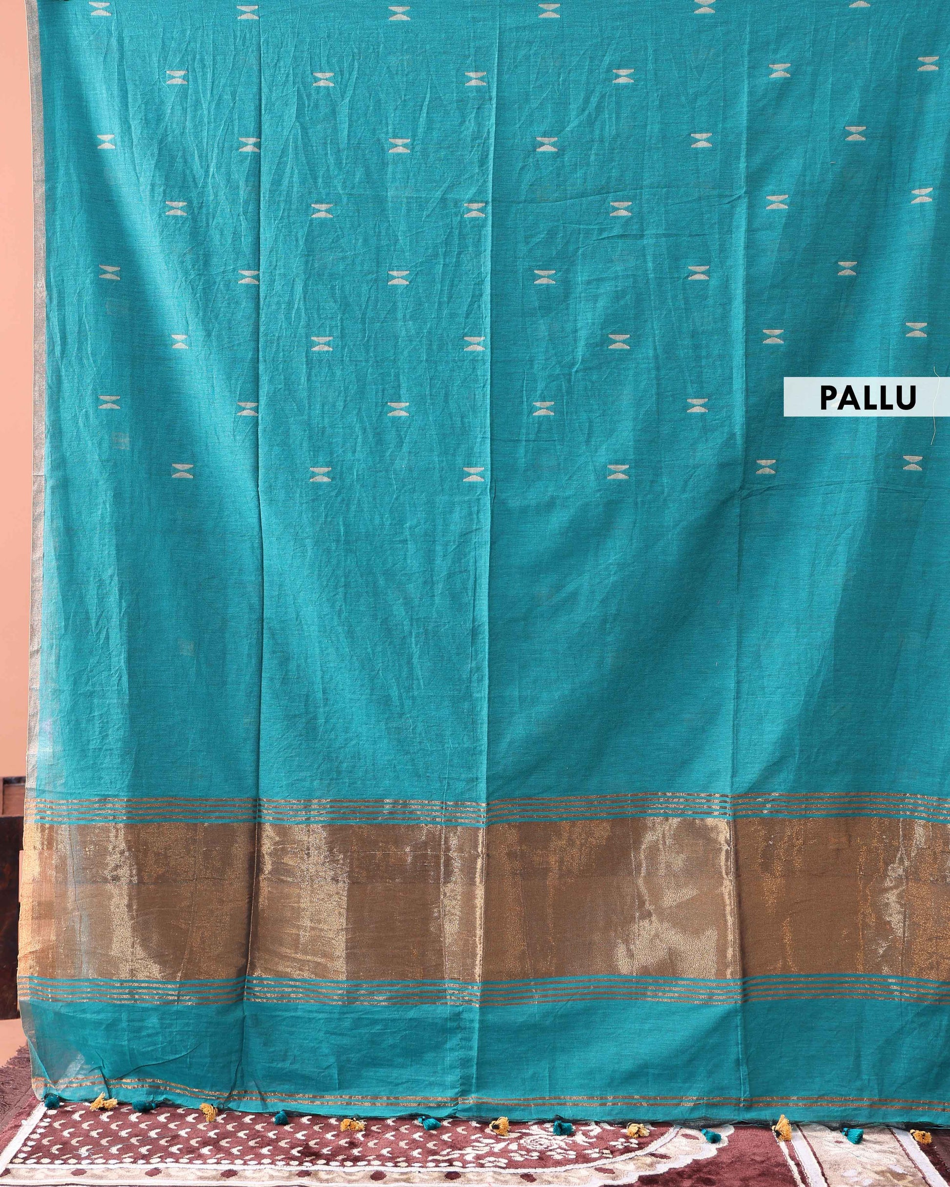 Traditional Semi Silk Cotton Saree Golden Zari Border and All-Over Thread Motifs - Teal