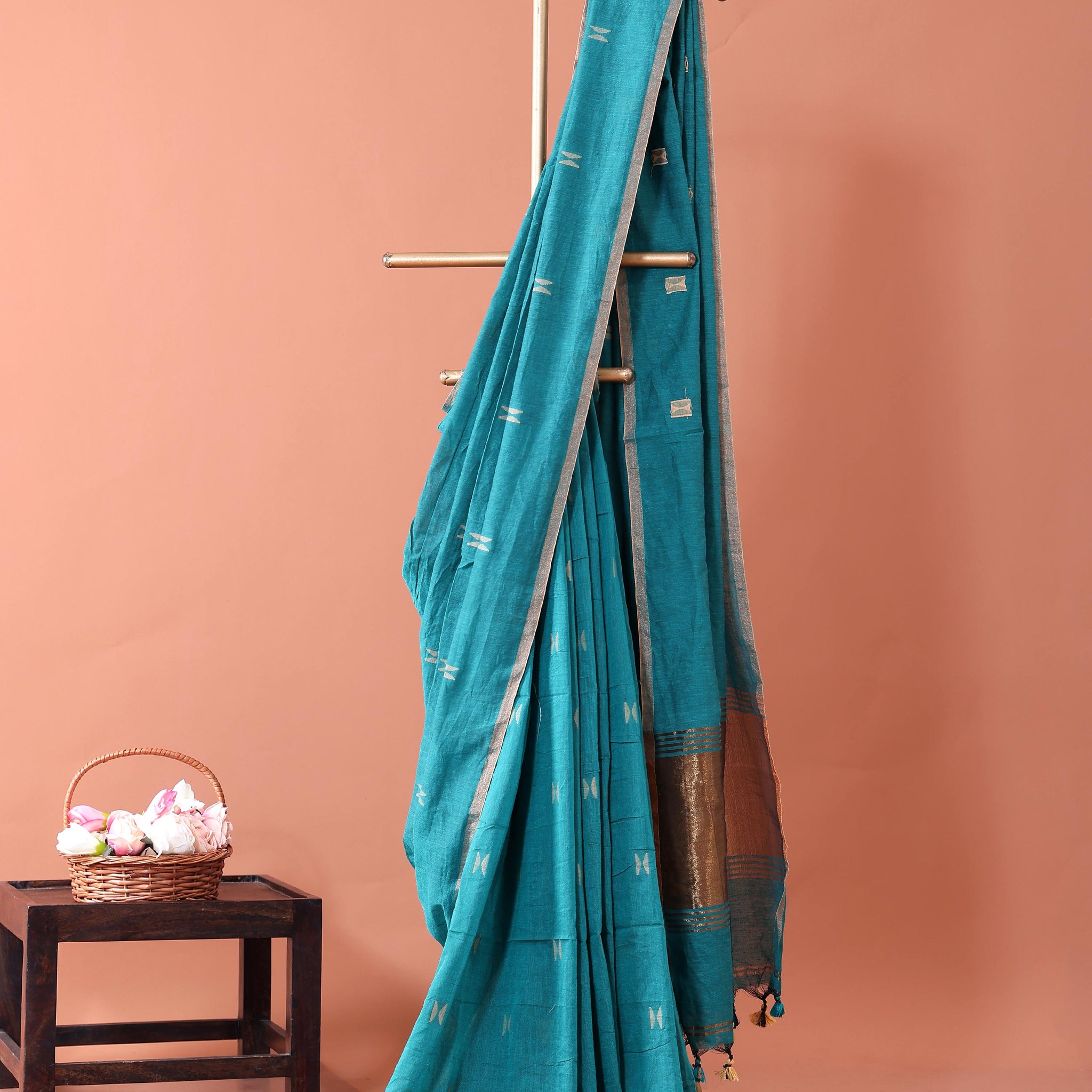Traditional Semi Silk Cotton Saree Golden Zari Border and All-Over Thread Motifs - Teal
