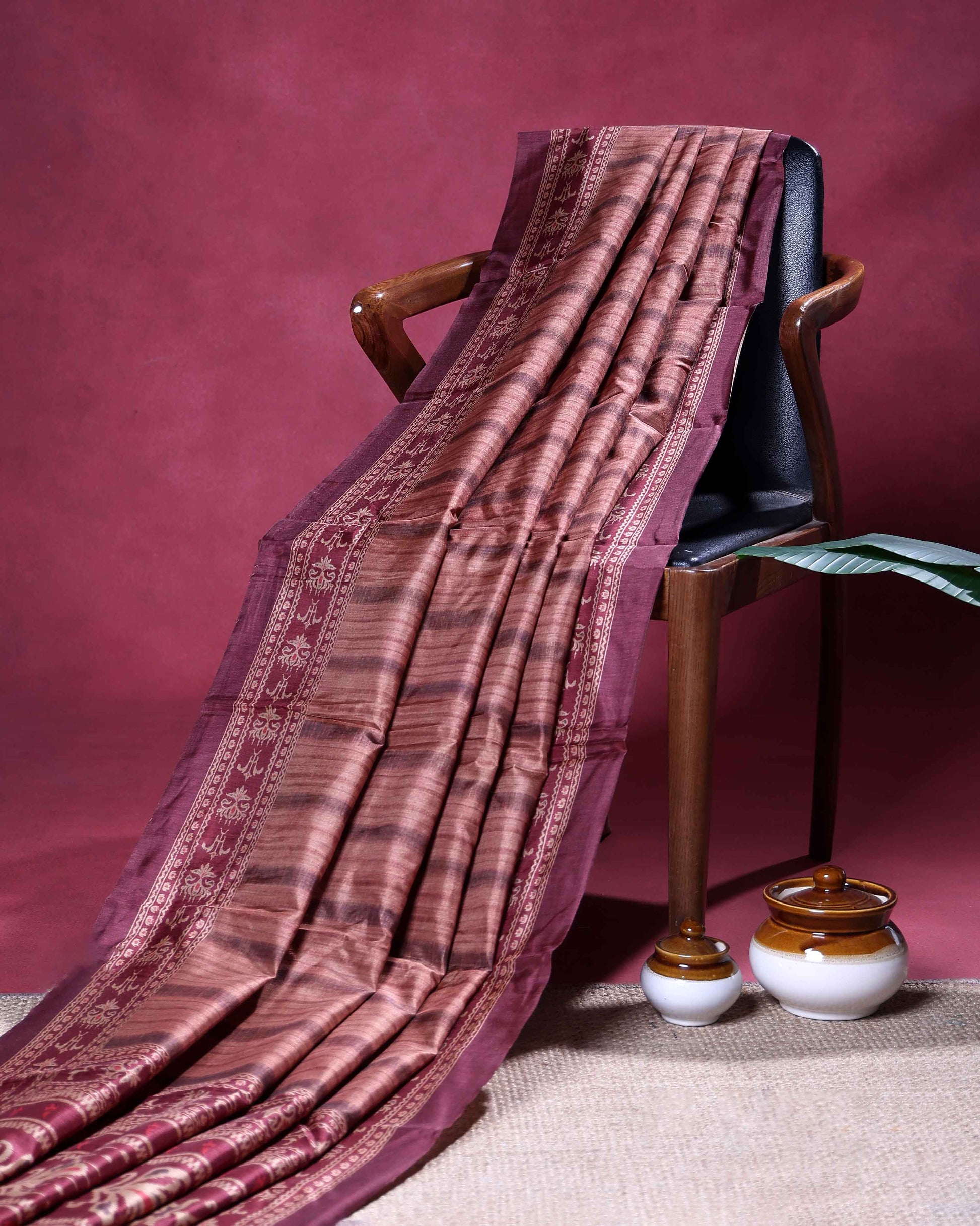 Traditional Semi Tussar Saree Subtle Striped Texture and Ornamental Woven Border - Copper