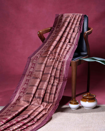 Traditional Semi Tussar Saree Subtle Striped Texture and Ornamental Woven Border - Copper