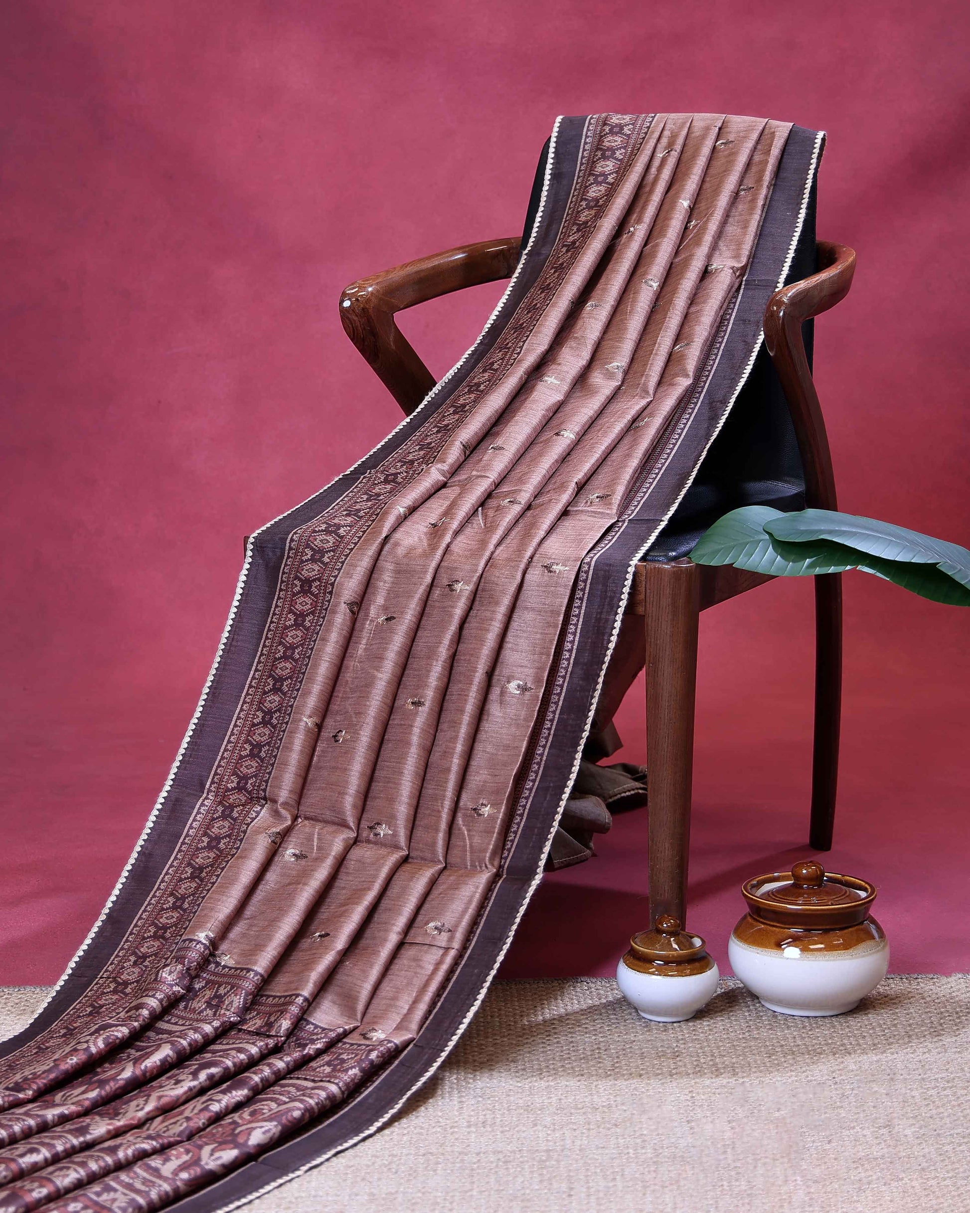 Traditional Semi Tussar Saree with All Over Woven Buti Motifs and Intricate Ethnic Border - Brown