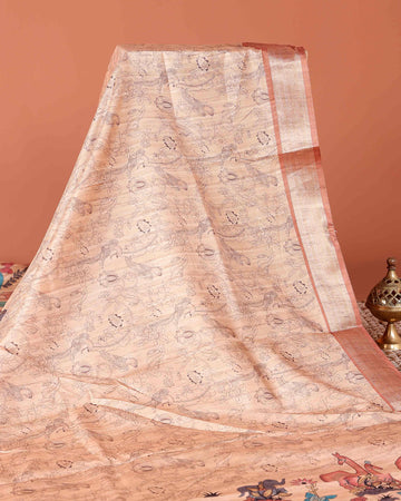 Traditional Semi Tussar Saree with Jaal Inspired Motifs and Zari Woven Border - Beige