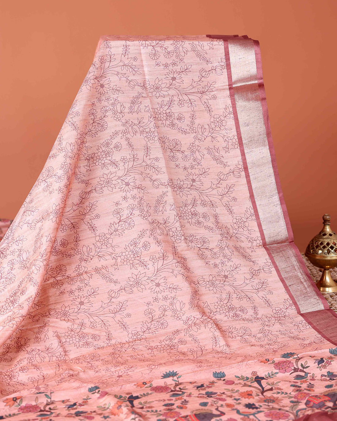 Traditional Semi Tussar Saree with Jaal Inspired Motifs and Zari Woven Border - Peach