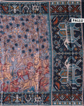 Traditional Semi Tussar Saree with Kalamkari Inspired  Motifs and Ikkat Style Woven Border - Blue-Pallu