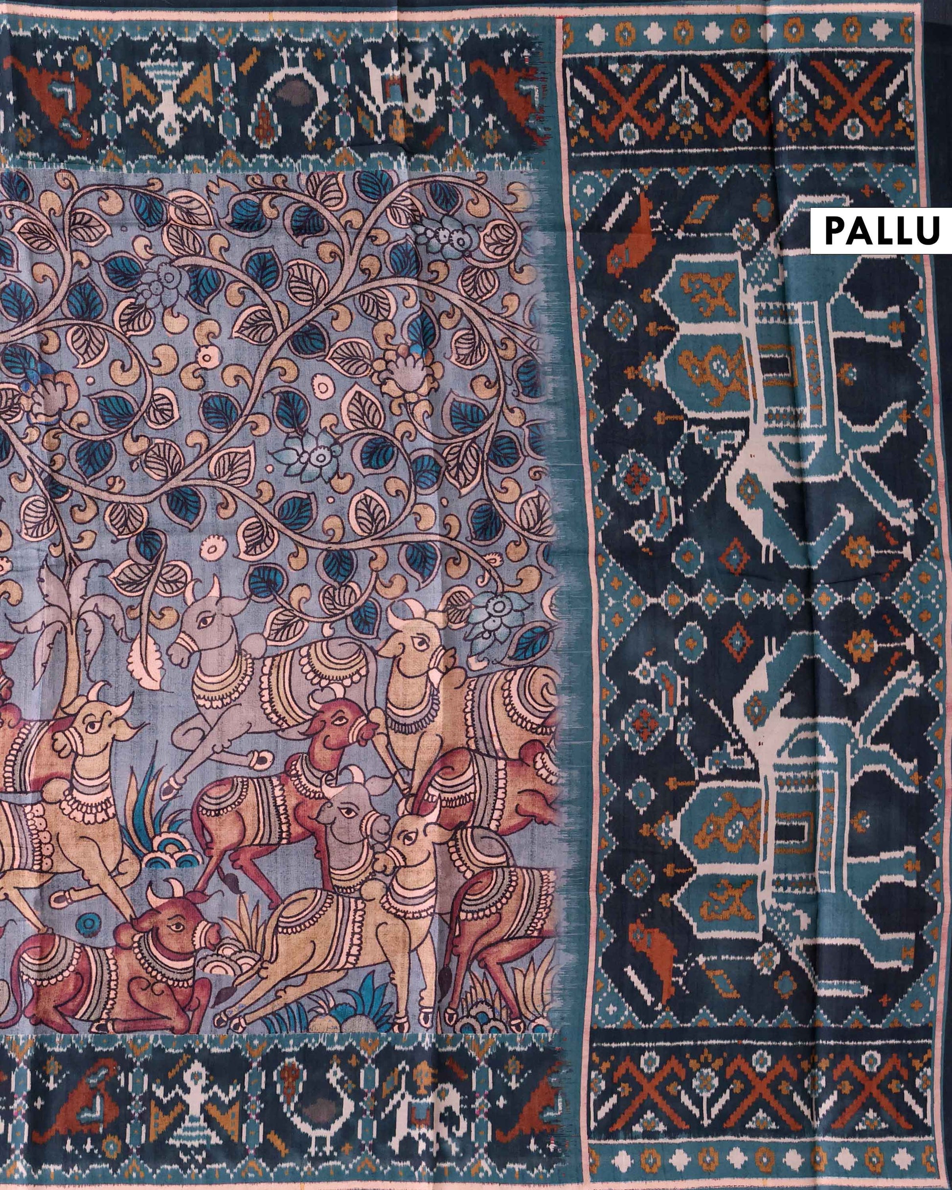 Traditional Semi Tussar Saree with Kalamkari Inspired  Motifs and Ikkat Style Woven Border - Blue-Pallu