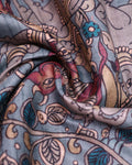 Traditional Semi Tussar Saree with Kalamkari Inspired  Motifs and Ikkat Style Woven Border -  Close Up