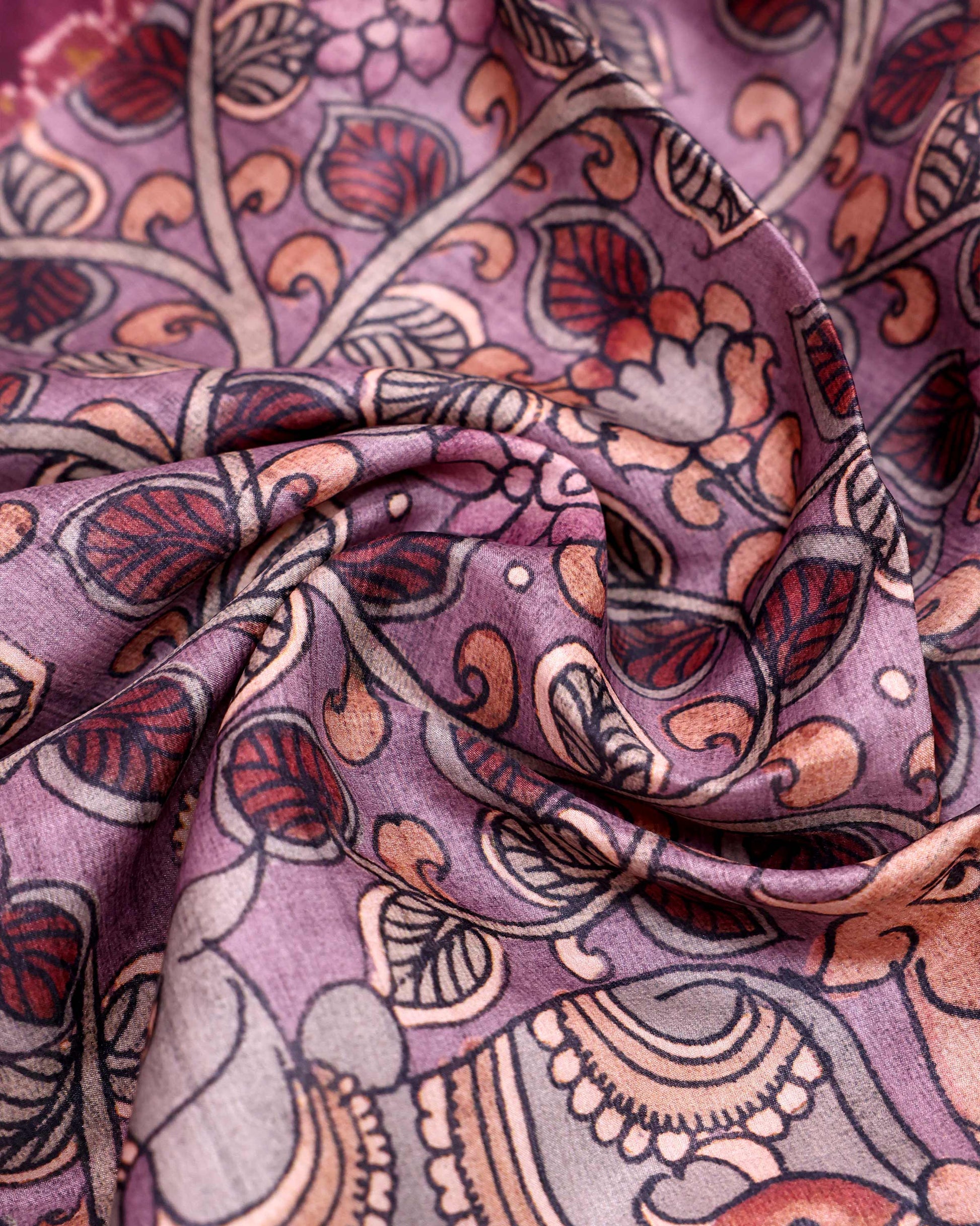 Traditional Semi Tussar Saree with Kalamkari Inspired  Motifs and Ikkat Style Woven Border - Maroon-Close Up