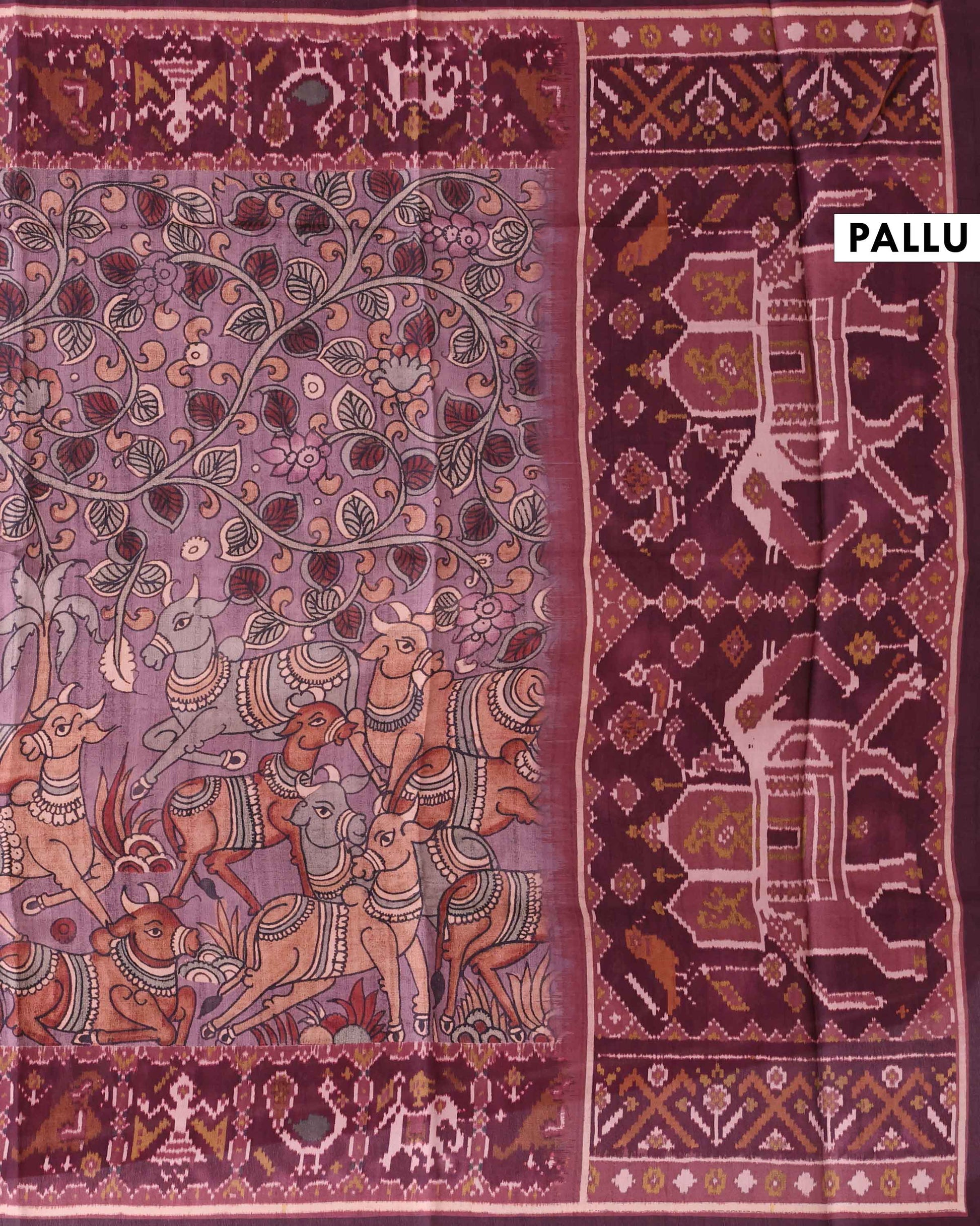 Traditional Semi Tussar Saree with Kalamkari Inspired  Motifs and Ikkat Style Woven Border - Purple-Pallu