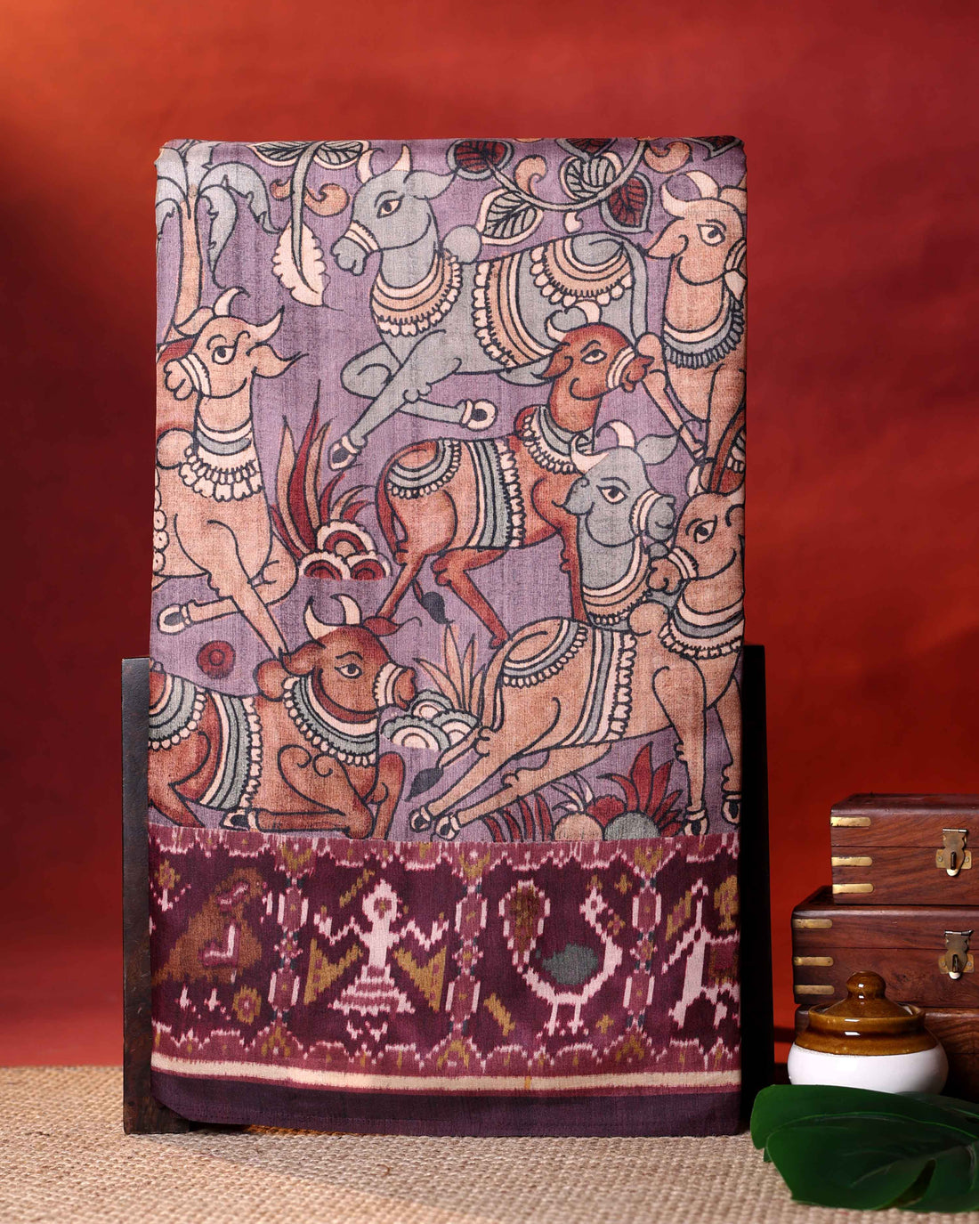 Traditional Semi Tussar Saree with Kalamkari Inspired  Motifs and Ikkat Style Woven Border - Purple