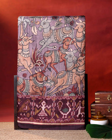 Traditional Semi Tussar Saree with Kalamkari Inspired  Motifs and Ikkat Style Woven Border - Purple