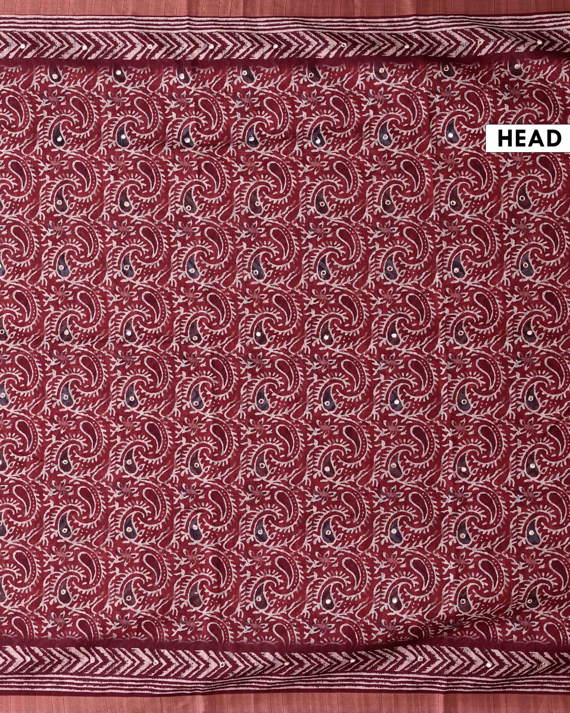 Traditional Semi Tussar Saree with Paisley Inspired Motifs and Geometric Woven Border - Maroon-Head