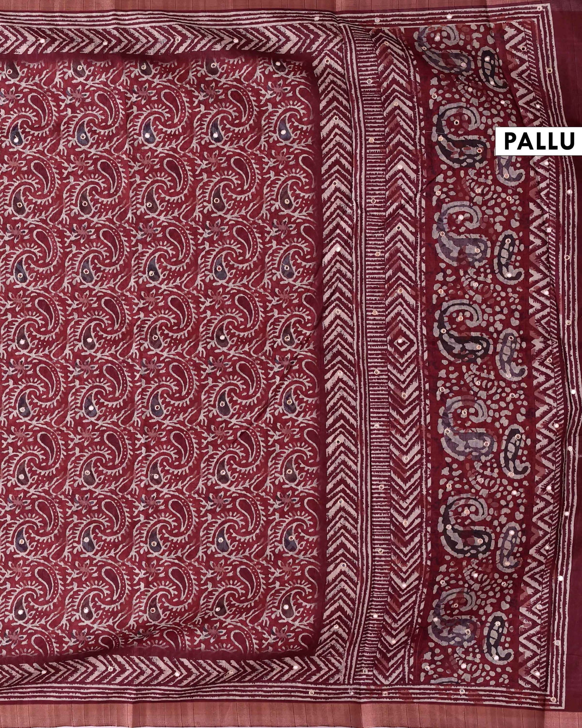 Traditional Semi Tussar Saree with Paisley Inspired Motifs and Geometric Woven Border - Maroon-Pallu