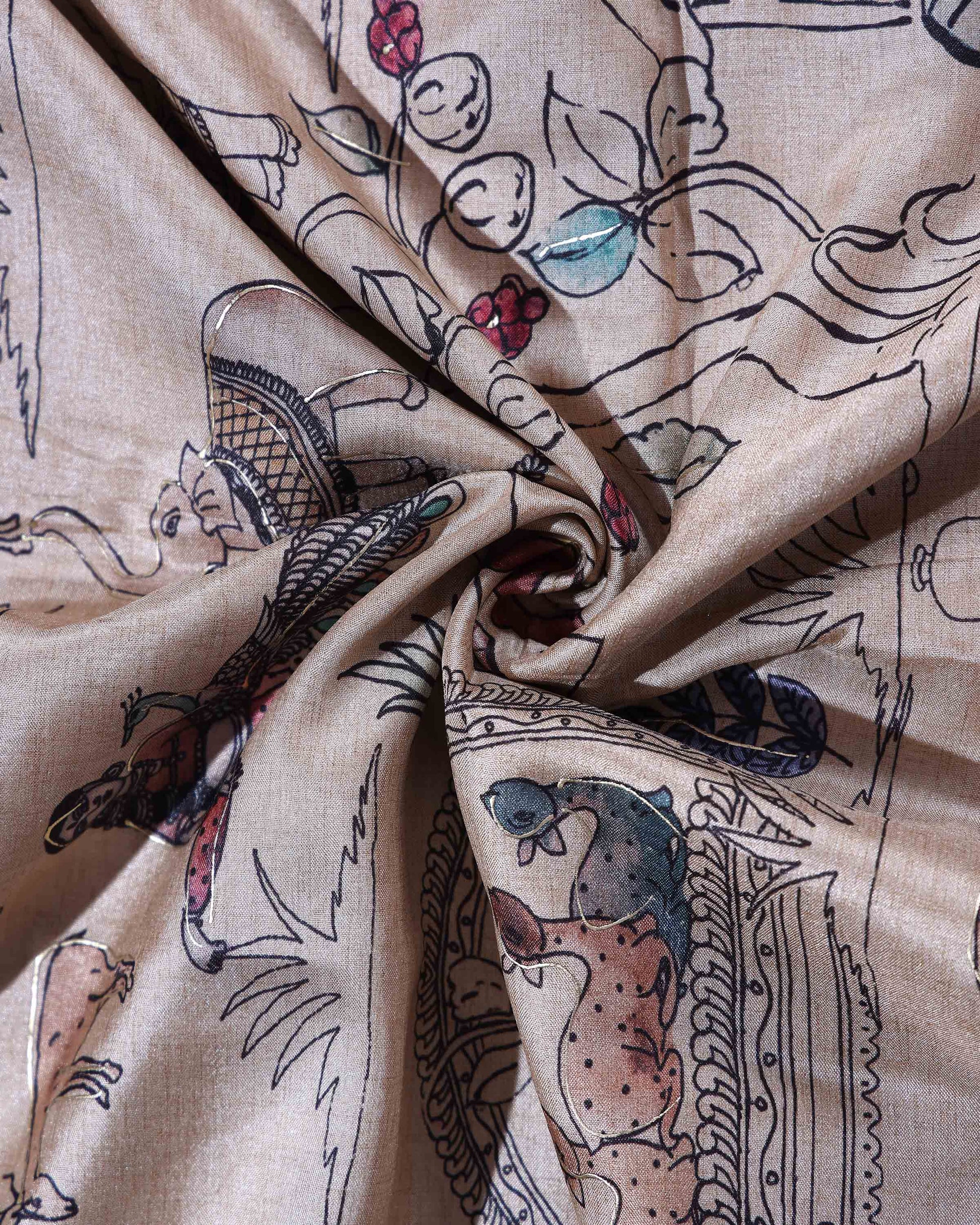 Traditional Semi Tussar Saree with Tribal and Folk Art Print and Geometric Printed Border - Beige-Close Up