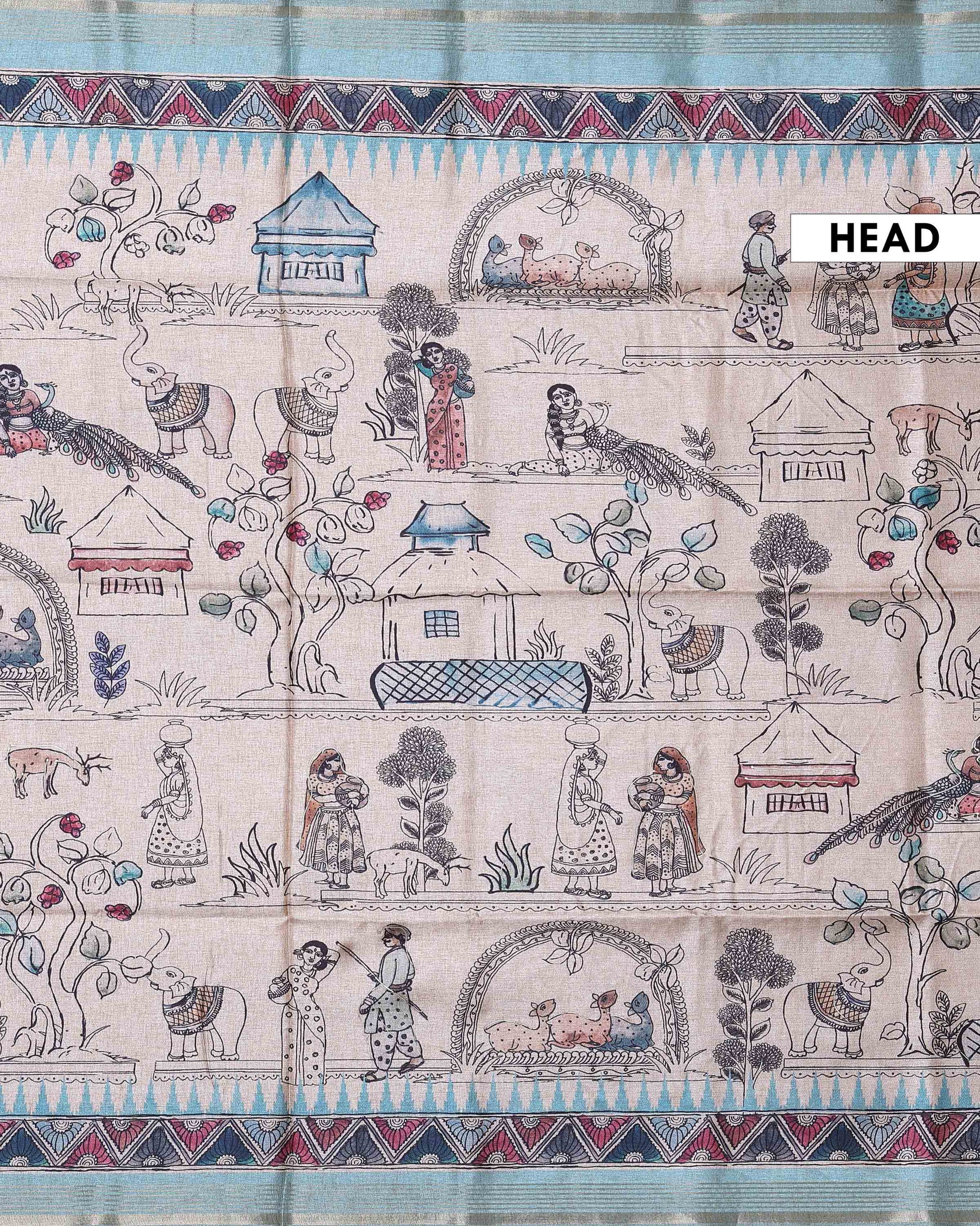 Traditional Semi Tussar Saree with Tribal and Folk Art Print and Geometric Printed Border - Beige-Head