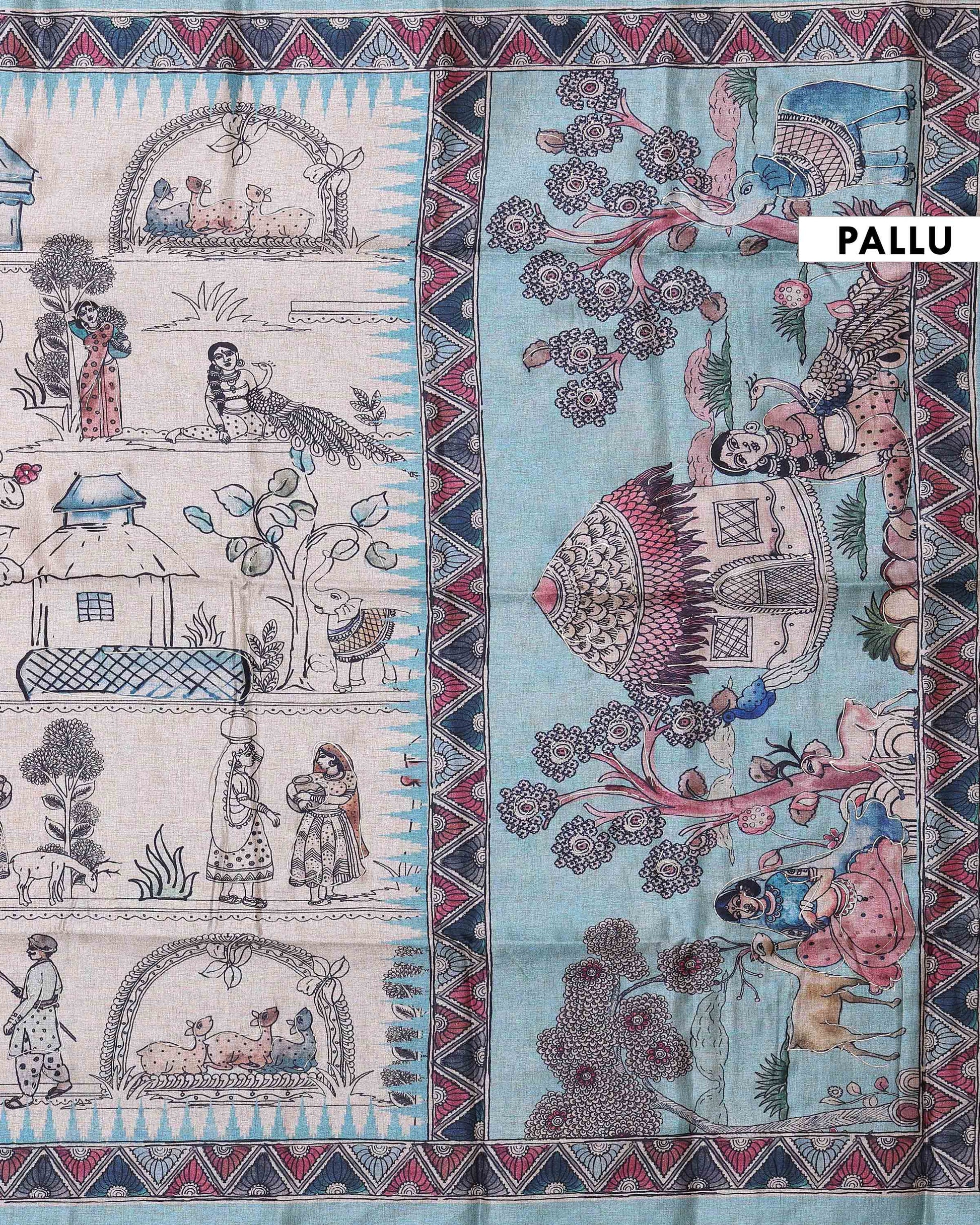 Traditional Semi Tussar Saree with Tribal and Folk Art Print and Geometric Printed Border - Beige-Pallu