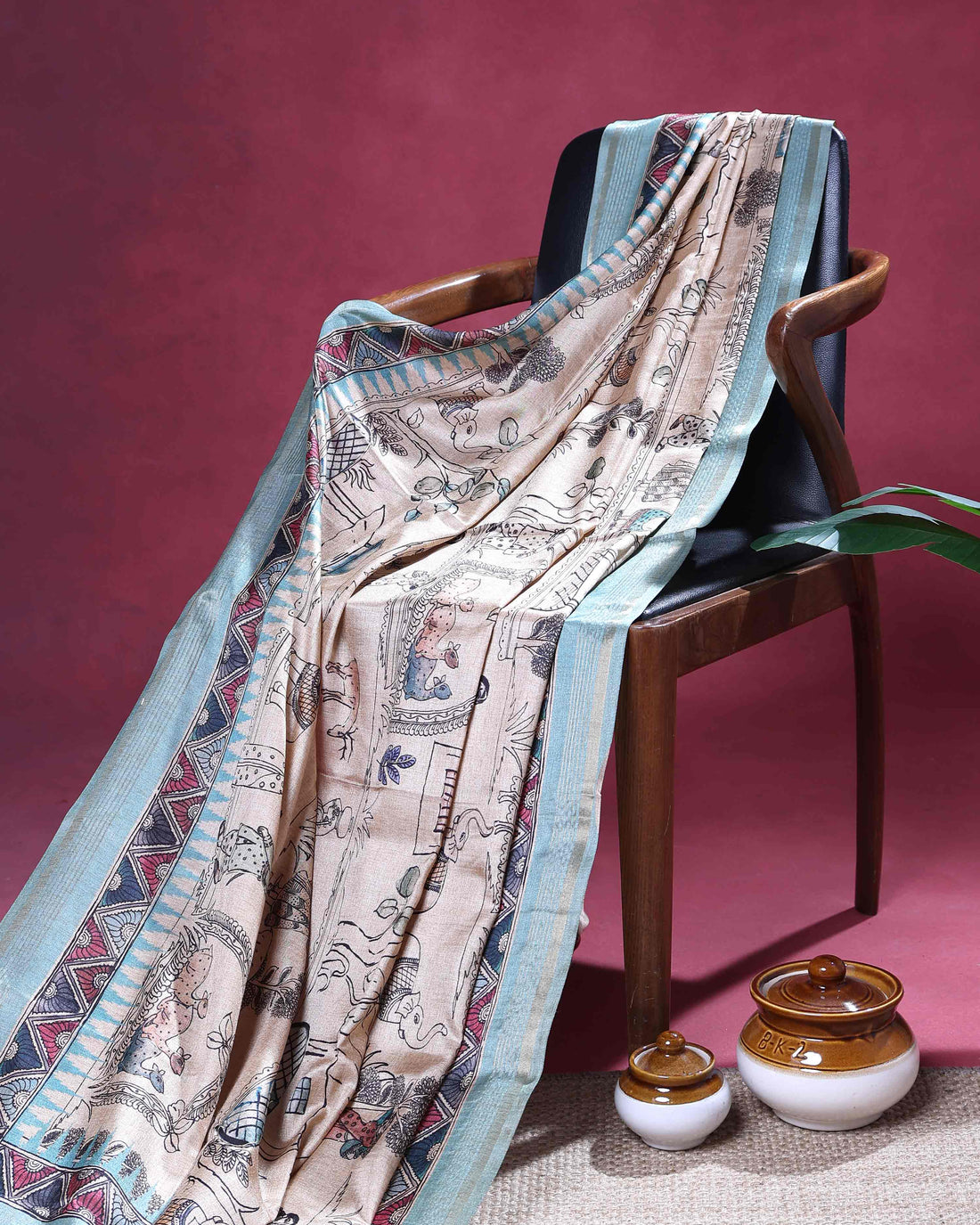 Traditional Semi Tussar Saree with Tribal and Folk Art Print and Geometric Printed Border - Beige