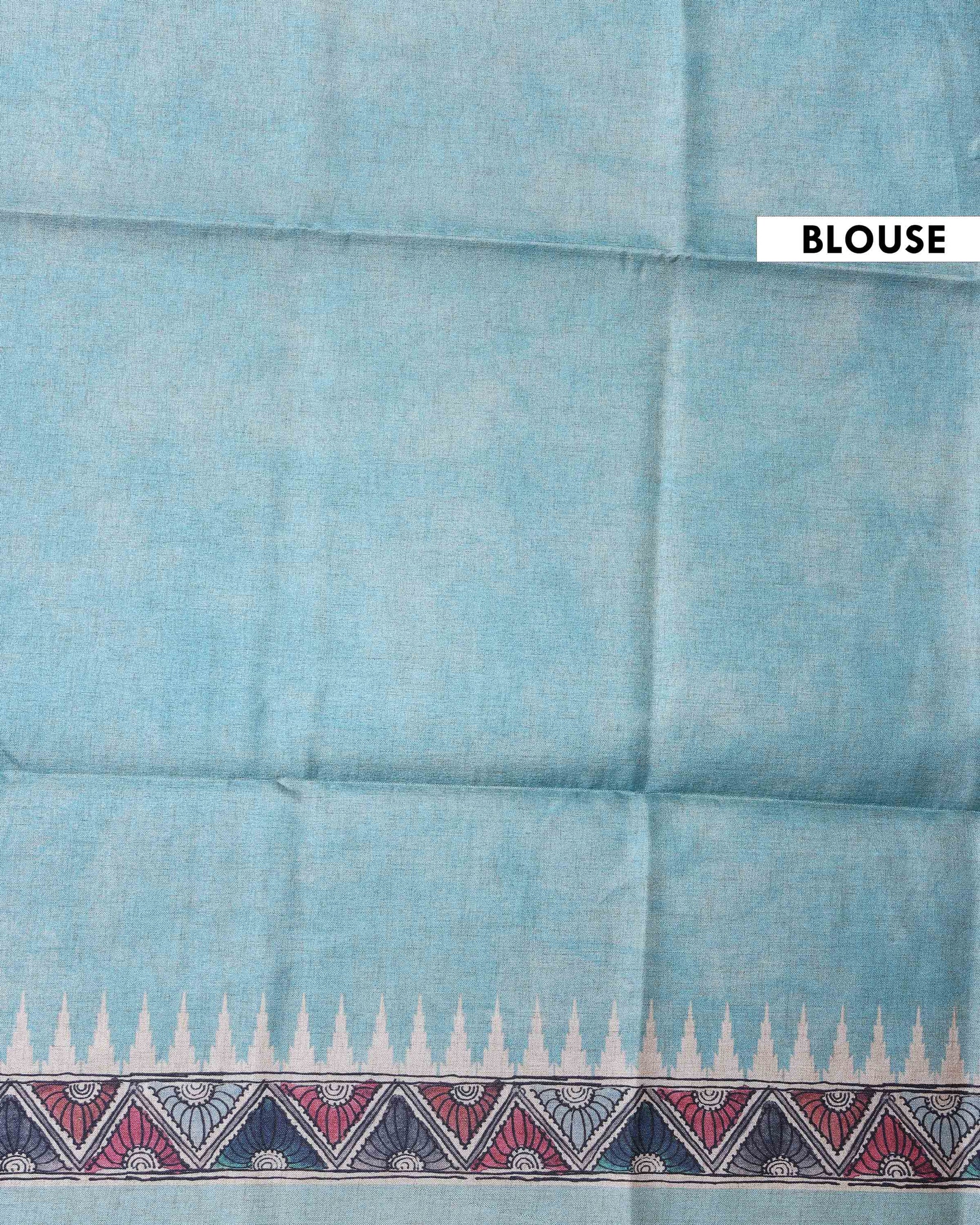 Traditional Semi Tussar Saree with Tribal and Folk Art Print and Geometric Printed Border - Blue-Blouse