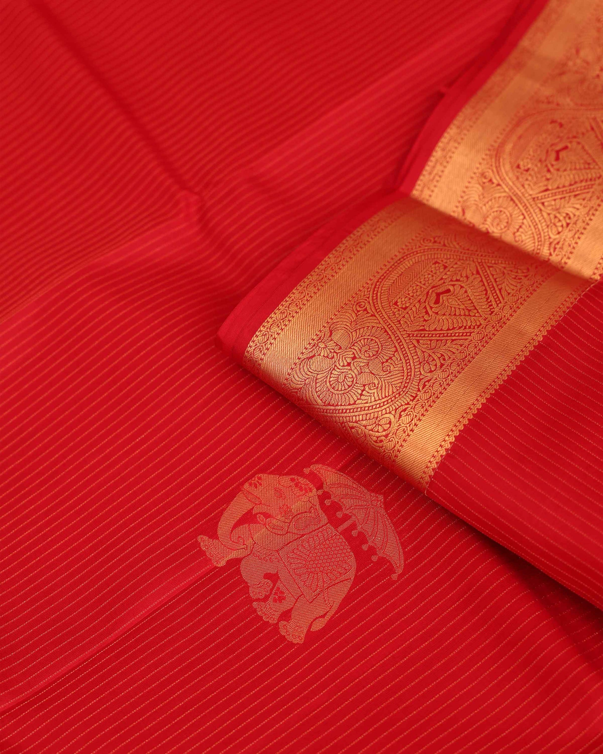 Traditional Silk Saree with Elegant Striped Texture Rich Zari Woven Border - Red-Close Up