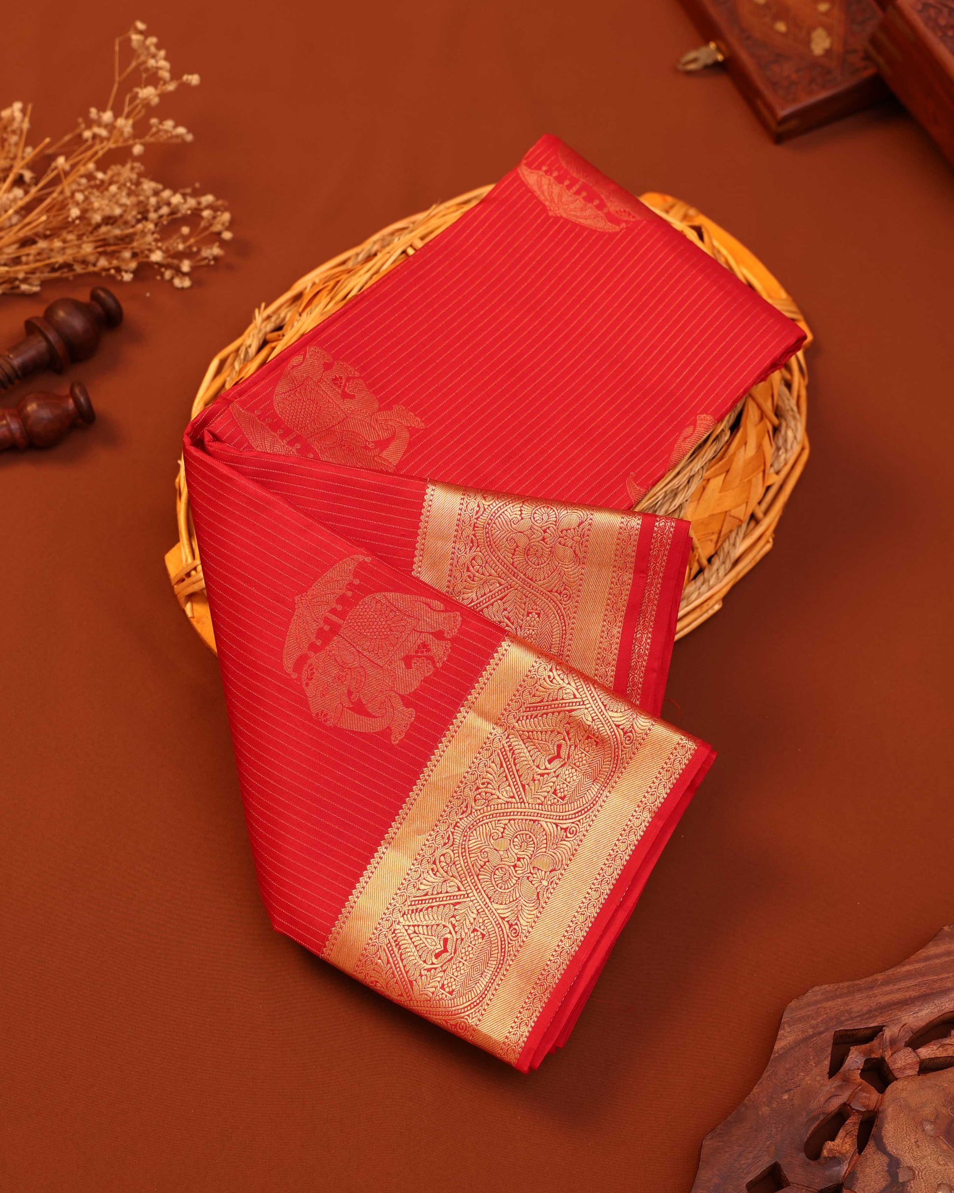 Traditional Silk Saree with Elegant Striped Texture Rich Zari Woven Border - Red