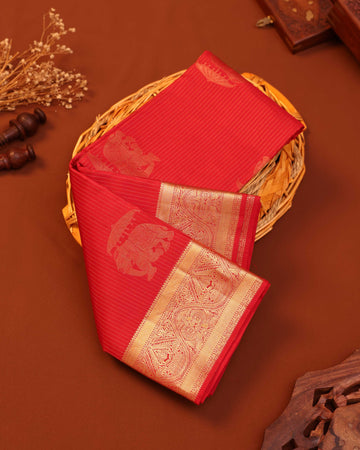 Traditional Silk Saree with Elegant Striped Texture Rich Zari Woven Border - Red