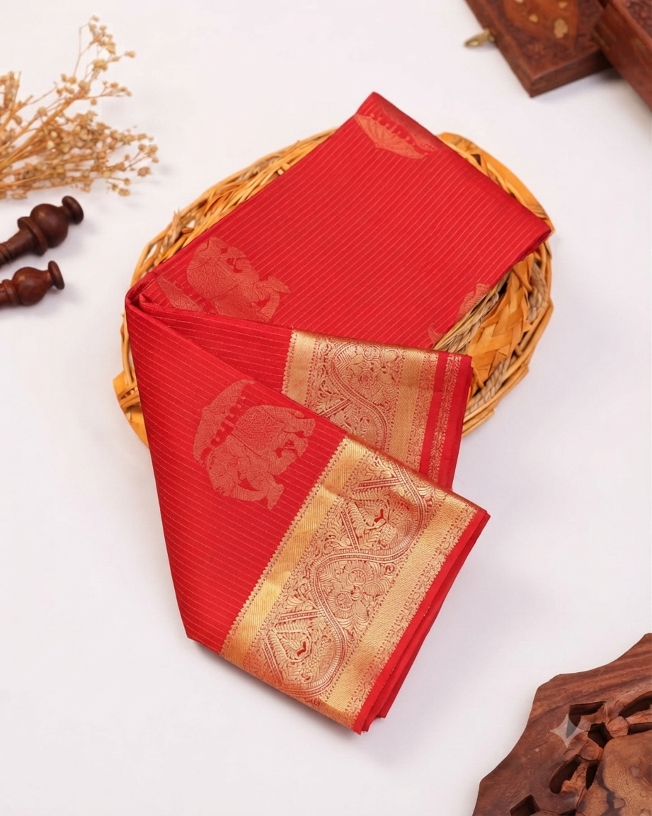Traditional Silk Saree with Elegant Striped Texture Rich Zari Woven Border - Red