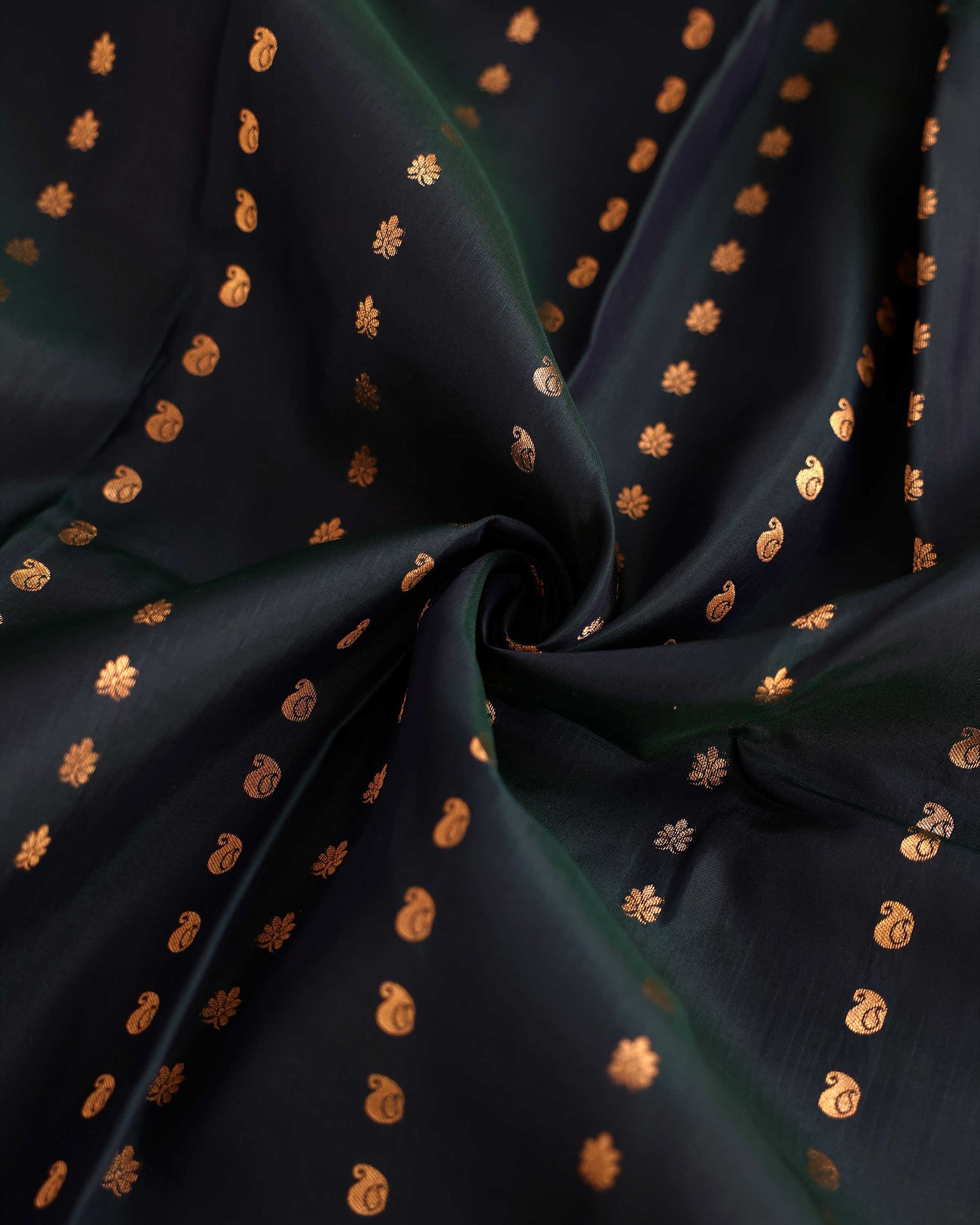 Traditional Silk Saree with Intricate Zari Motifs and Rich Ornamental Border Design - Dark Green-Close Up