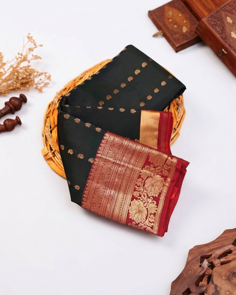 Traditional Silk Saree with Intricate Zari Motifs and Rich Ornamental Border Design - Dark Green