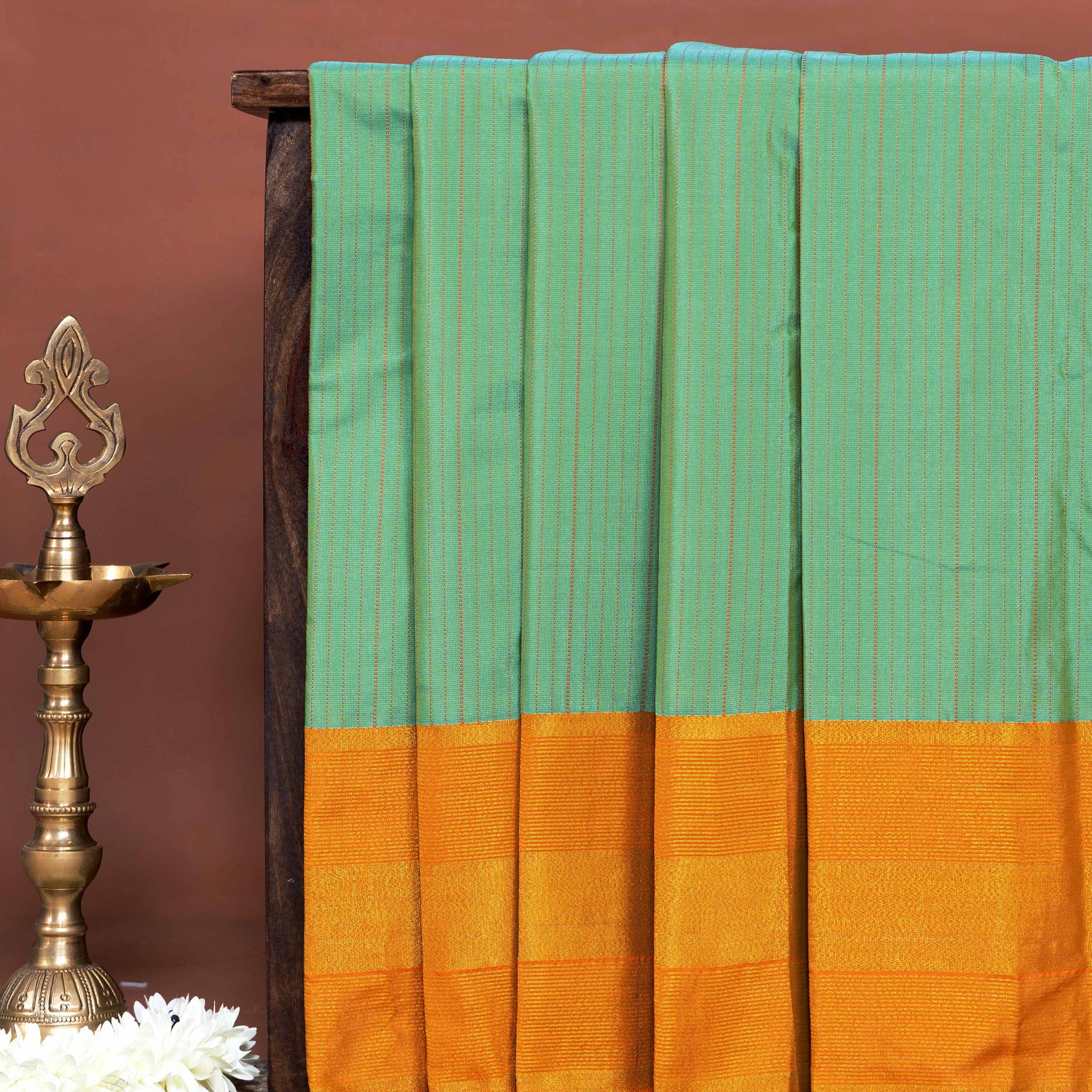 Traditional Soft Silk Saree Adorned with Fine Striped Design and Rich Woven Border - Green