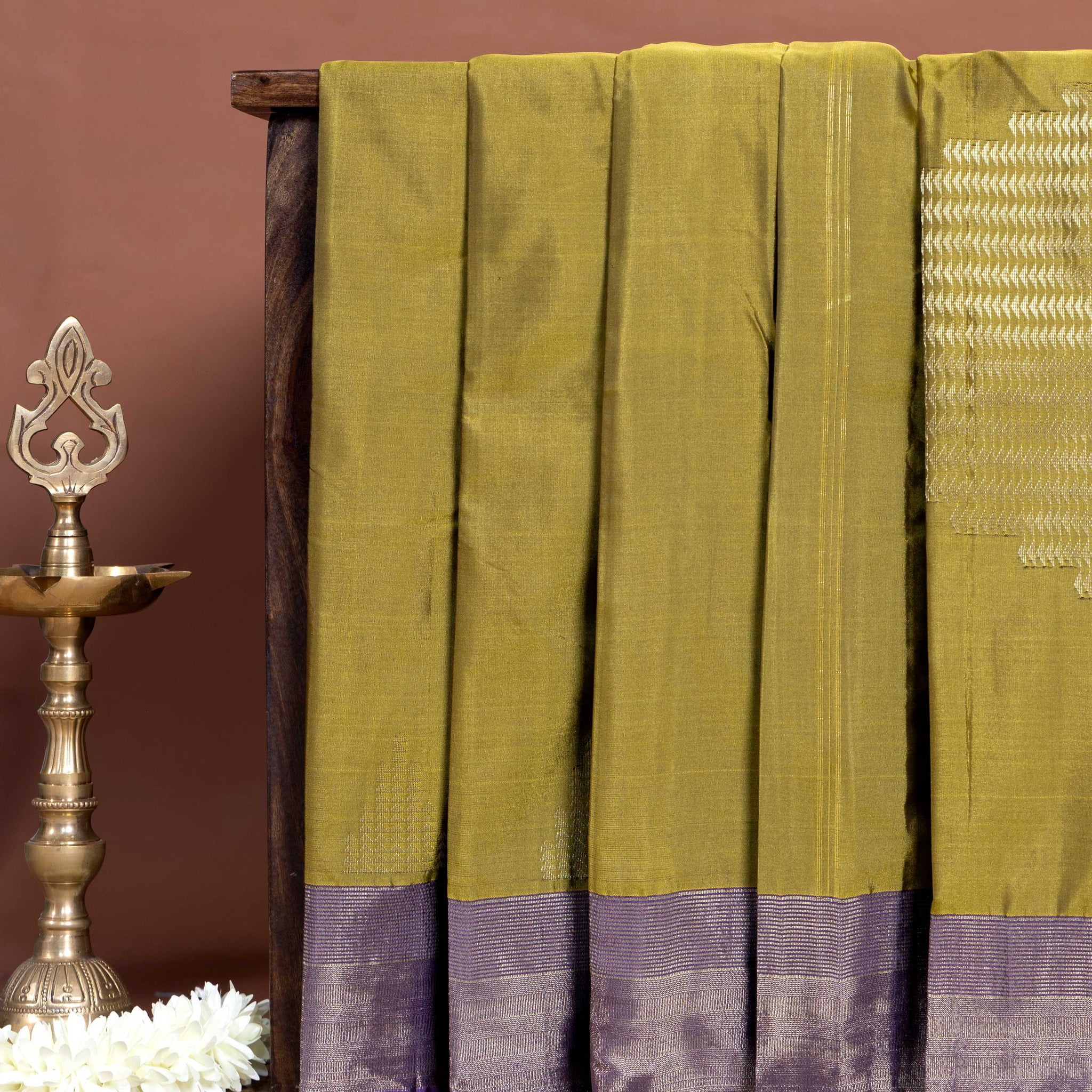 Traditional Soft Silk Saree Adorned with Intricate Motif Patterns and Rich Contrast Border - Olive Green