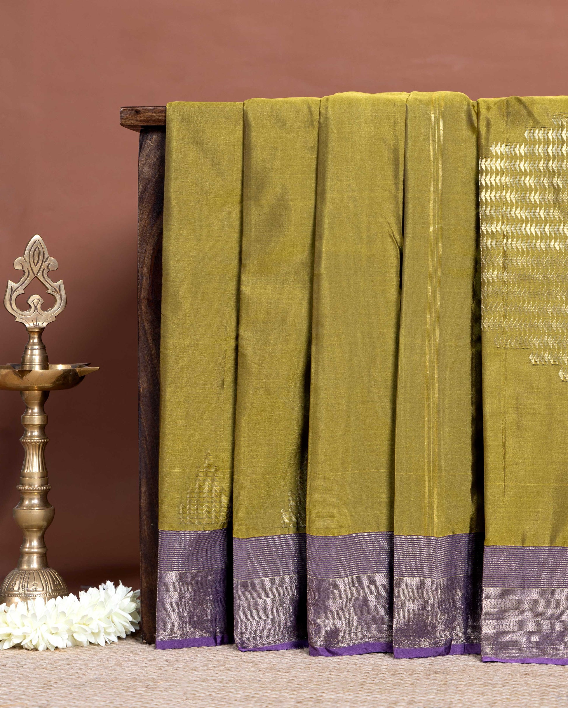 Traditional Soft Silk Saree Adorned with Intricate Motif Patterns and Rich Contrast Border - Olive Green