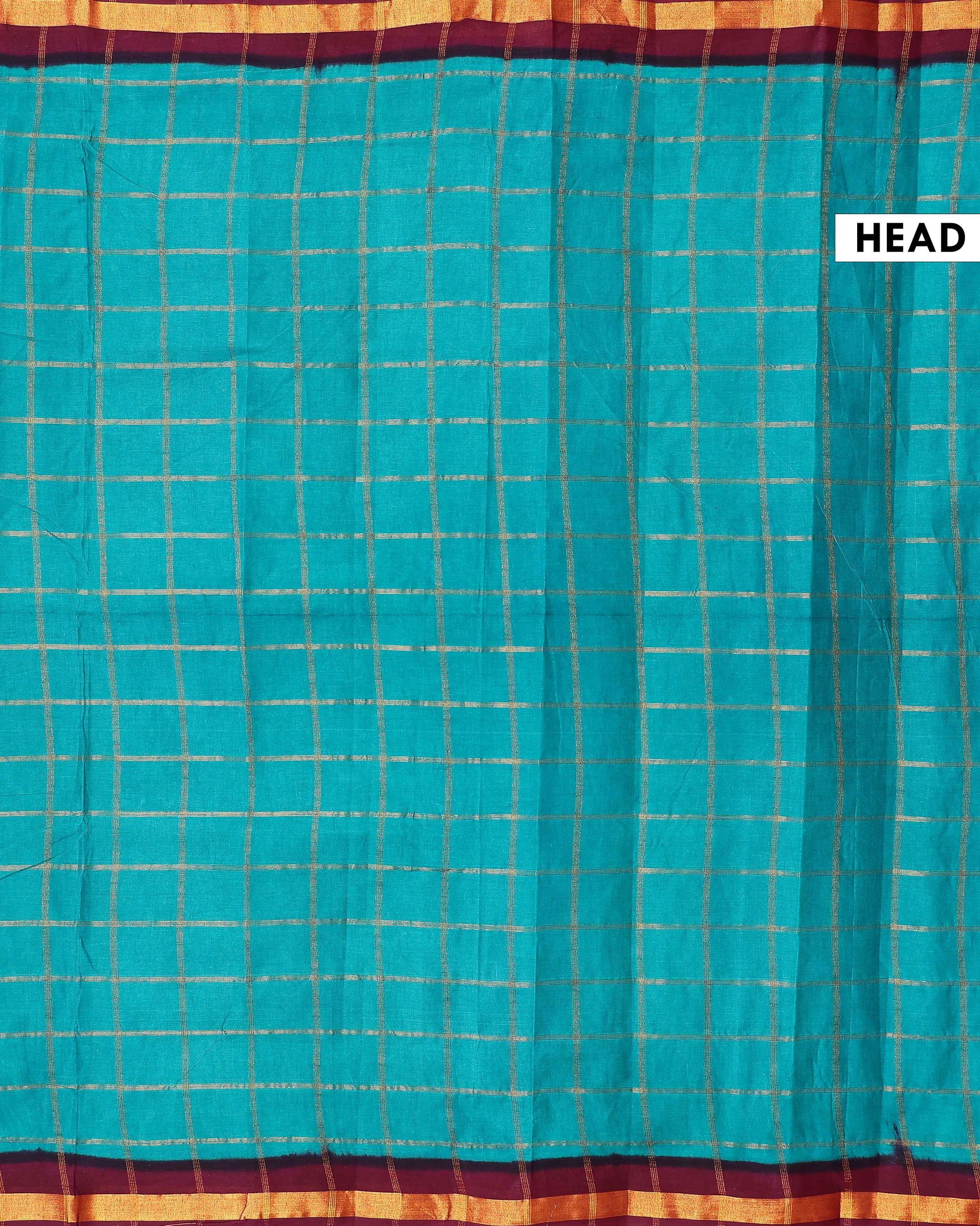 Traditional Sungudi Cotton Handloom Saree with Zari Checked Pattern and Contrast Border - Teal