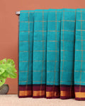 Traditional Sungudi Cotton Handloom Saree with Zari Checked Pattern and Contrast Border - Teal