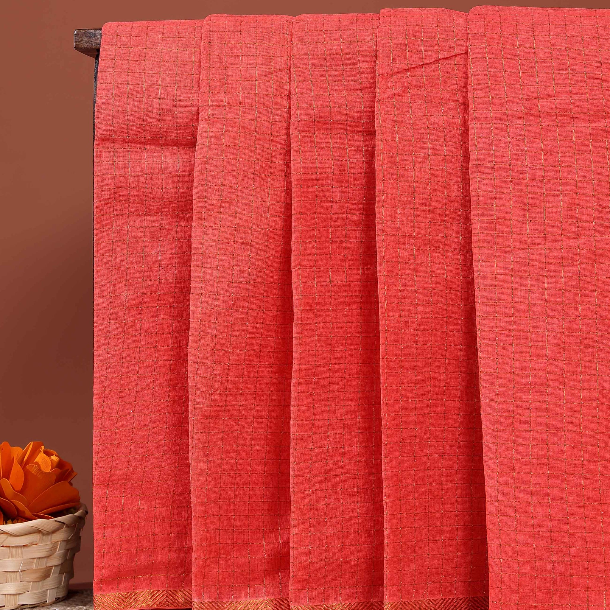 Traditional Sungudi Cotton Saree Intricate Checks and Zari Border - Peach