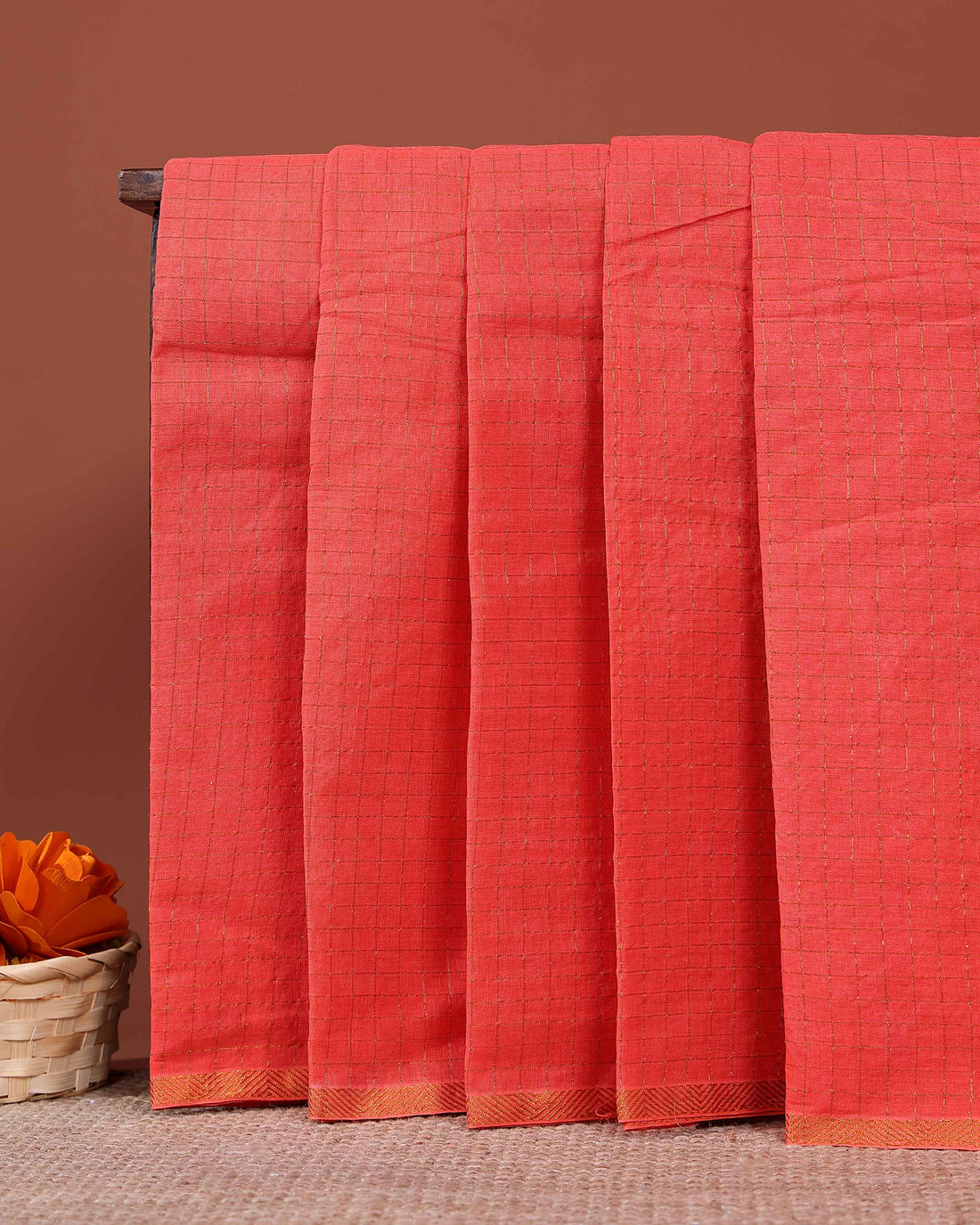 Traditional Sungudi Cotton Saree Intricate Checks and Zari Border - Peach