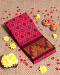 Traditional Sungudi Cotton Saree with All-over Geometric Diamond Print and Intricate Contrast Zari Border - Pink