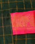 Traditional Sungudi Cotton Saree with Bold Checked Pattern and Intricate Peacock Zari Border - Dark Green