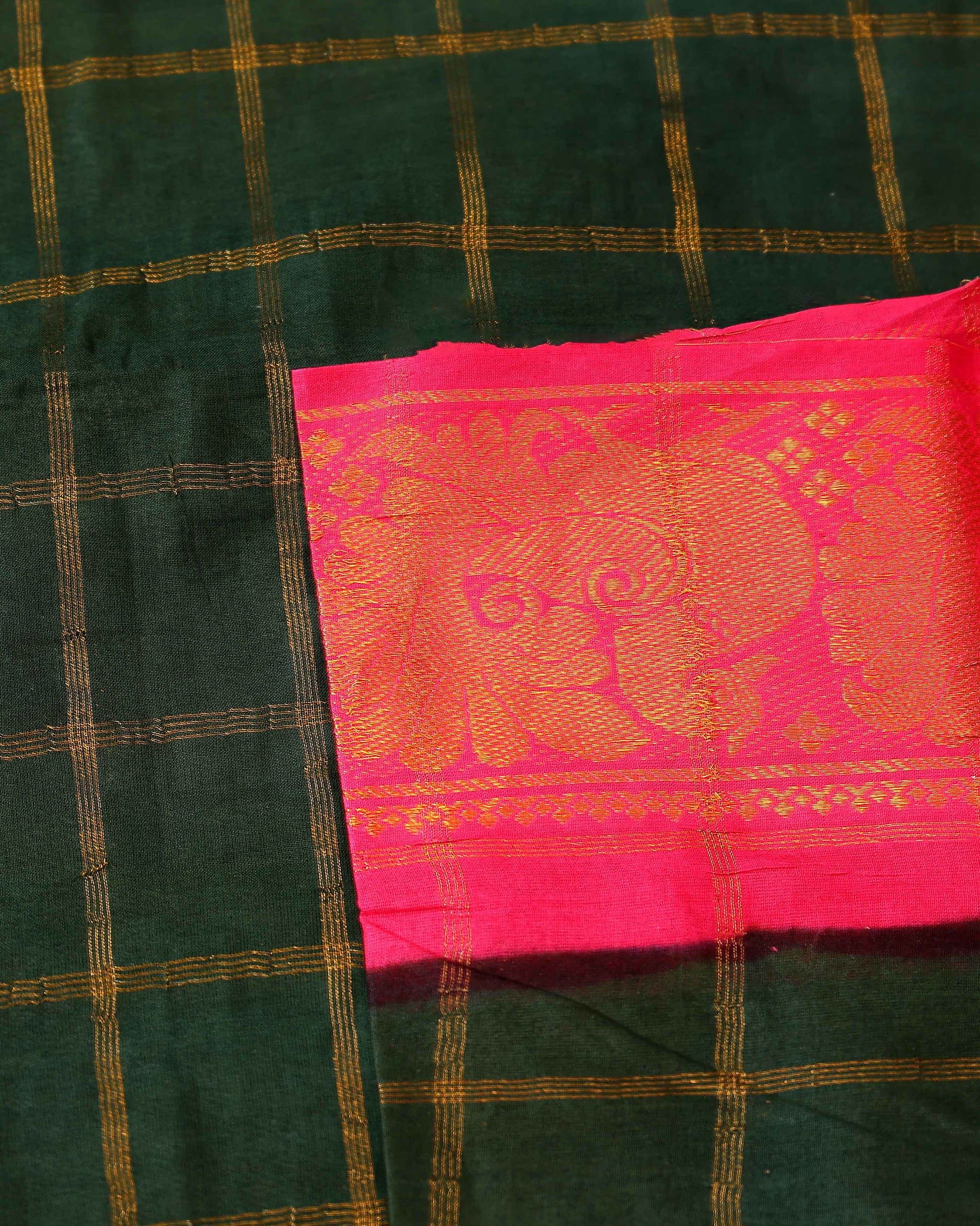 Traditional Sungudi Cotton Saree with Bold Checked Pattern and Intricate Peacock Zari Border - Dark Green