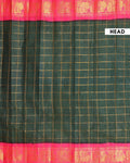 Traditional Sungudi Cotton Saree with Bold Checked Pattern and Intricate Peacock Zari Border - Dark Green
