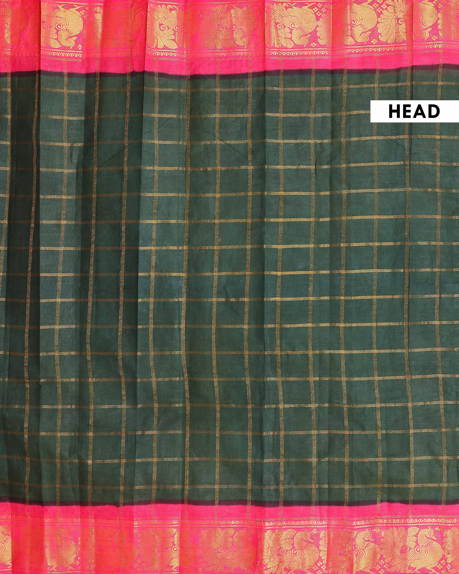 Traditional Sungudi Cotton Saree with Bold Checked Pattern and Intricate Peacock Zari Border - Dark Green