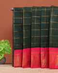 Traditional Sungudi Cotton Saree with Bold Checked Pattern and Intricate Peacock Zari Border - Dark Green