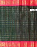 Traditional Sungudi Cotton Saree with Bold Checked Pattern and Intricate Peacock Zari Border - Dark Green