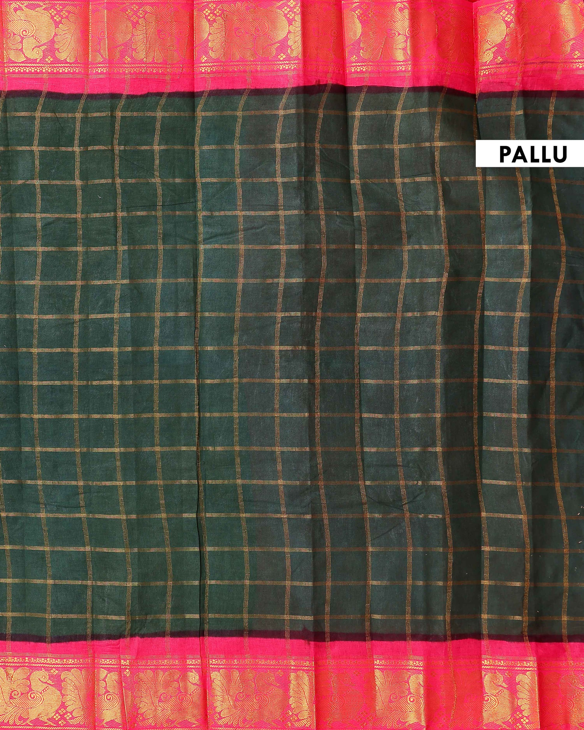 Traditional Sungudi Cotton Saree with Bold Checked Pattern and Intricate Peacock Zari Border - Dark Green