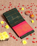 Traditional Sungudi Cotton Saree with Bold Checked Pattern and Intricate Peacock Zari Border - Dark Green