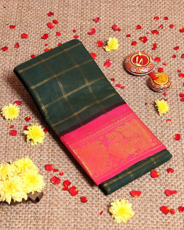 Traditional Sungudi Cotton Saree with Bold Checked Pattern and Intricate Peacock Zari Border - Dark Green