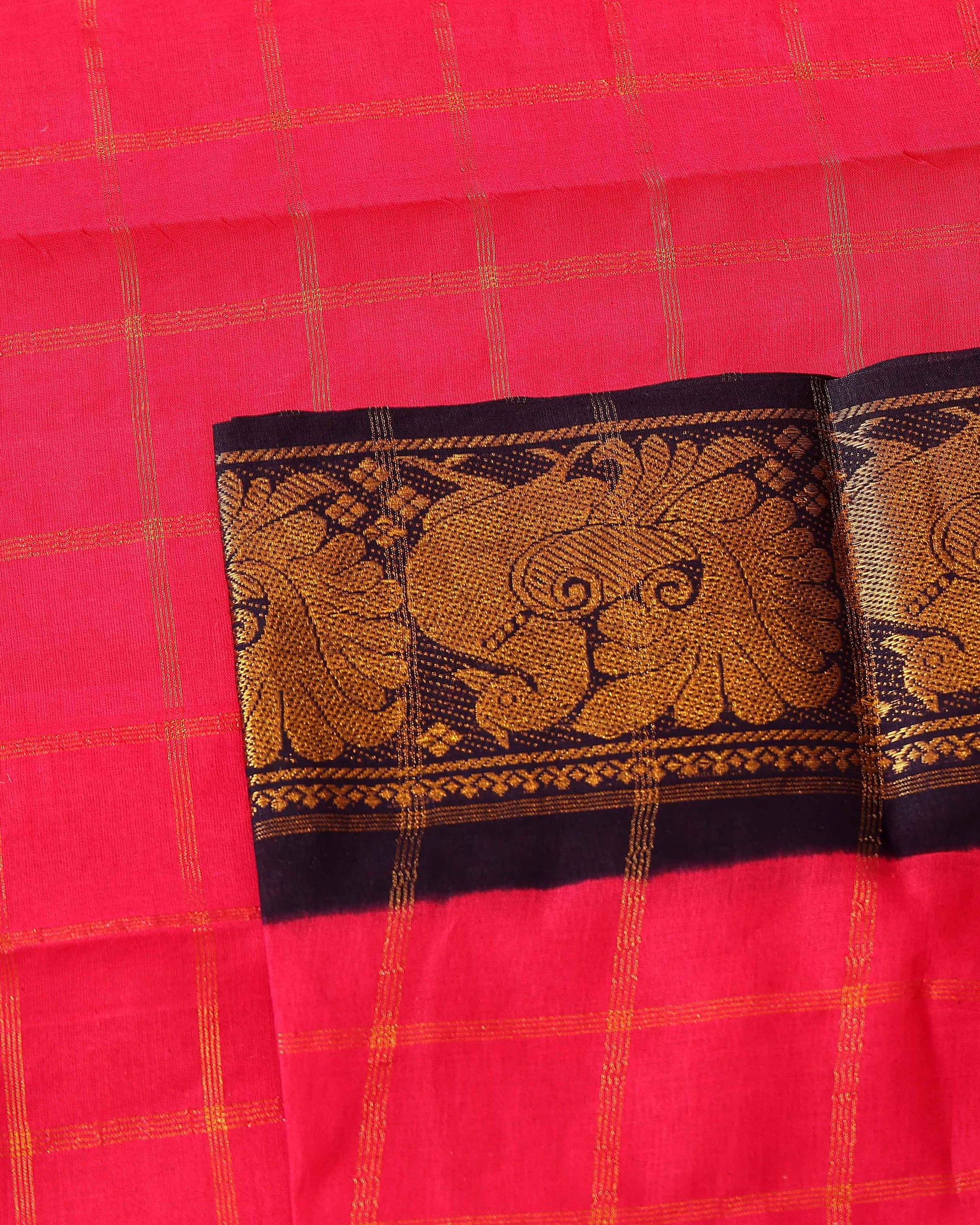 Traditional Sungudi Cotton Saree with Bold Checked Pattern and Intricate Peacock Zari Border - Dark Pink
