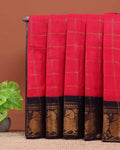 Traditional Sungudi Cotton Saree with Bold Checked Pattern and Intricate Peacock Zari Border - Dark Pink