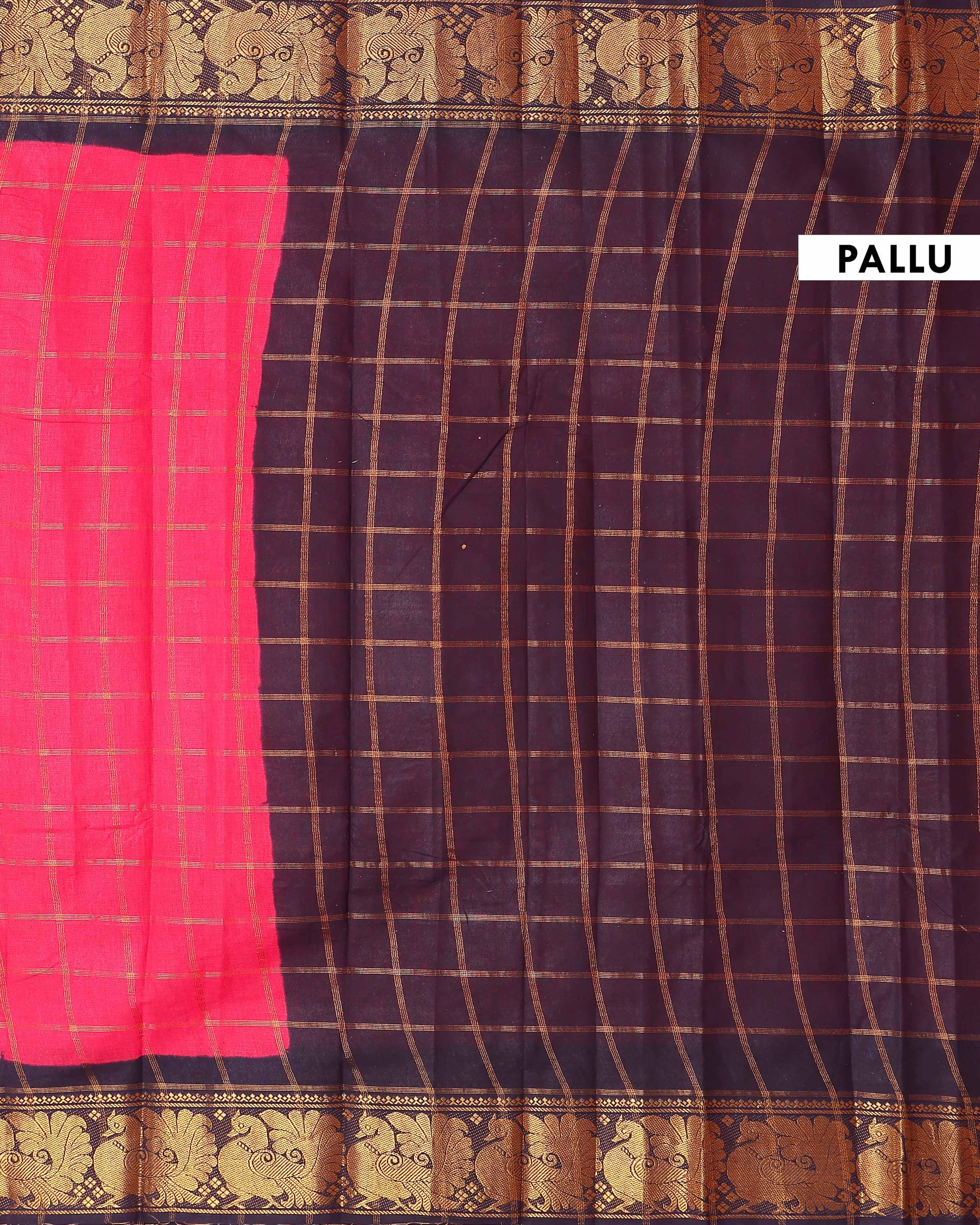 Traditional Sungudi Cotton Saree with Bold Checked Pattern and Intricate Peacock Zari Border - Dark Pink