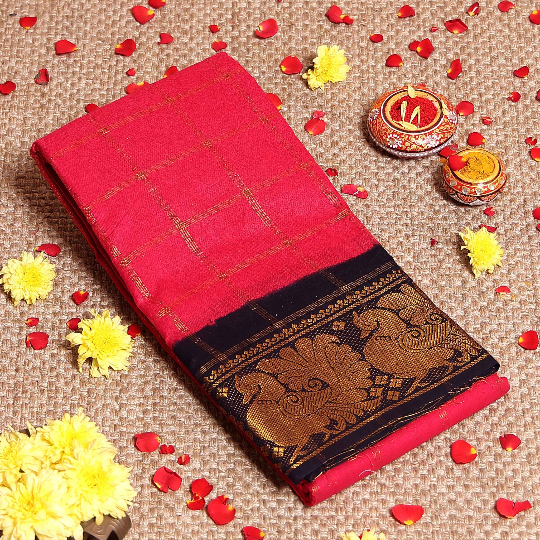 Traditional Sungudi Cotton Saree with Bold Checked Pattern and Intricate Peacock Zari Border - Dark Pink
