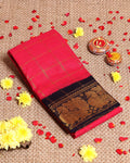 Traditional Sungudi Cotton Saree with Bold Checked Pattern and Intricate Peacock Zari Border - Dark Pink